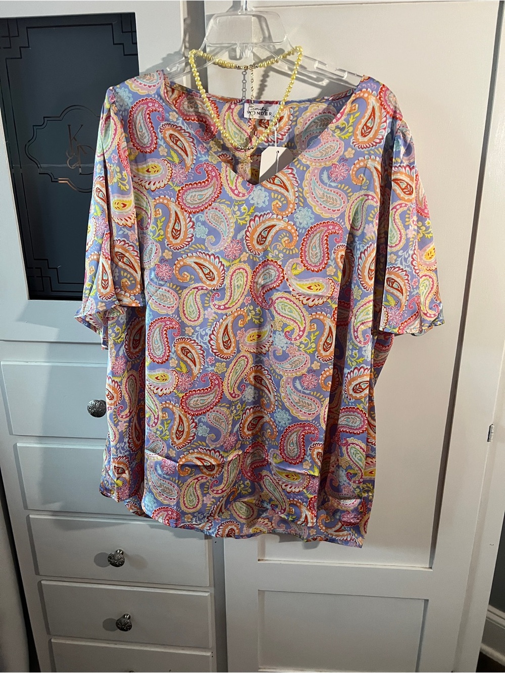 Lavender Paisley Short-Sleeve V-Neck Blouse